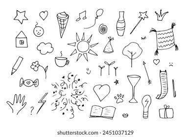 Conjunto de algunos garabatos diferentes, Ilustración vectorial de estilo de vida. Garabatos negros sobre fondo blanco. Cosa, objetos sobre el tema de la vida.