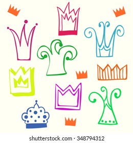 set of some hand drawn cartoon cute crowns,vector illustration childish colorful isolated design objects