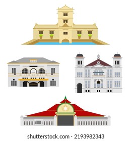 A set of some landmark in yogyakarta. taman sari water castle, post office, bank indonesia, masjid agung kauman, located around km 0 and the palace area in color