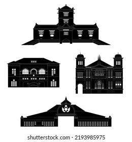 A set of some landmark in yogyakarta. taman sari water castle, post office, bank indonesia, masjid agung kauman, located around km 0 and the palace area in black white