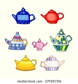 Set of some various hand drawn tea pots. Vector graphics.
