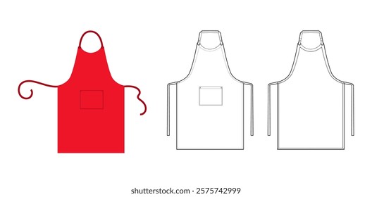 Set of Sommelier Aprons typical A-shaped throw-overs technical fashion illustration. Chef uniform for cooking red cartoon Flat sketch outline apparel template front, back view. Women, men CAD mockup