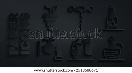 Set Sommelier, Champagne bottle, Tap for barrel, Wine in italian fiasco, corkscrew and Bunch of grapes icon. Vector