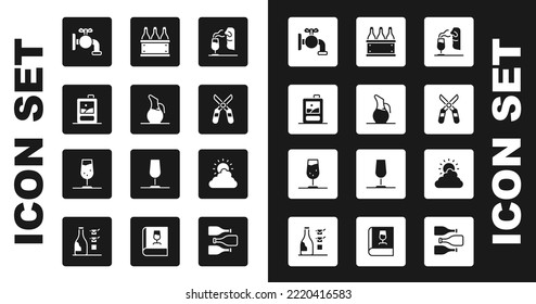 Set Sommelier, Decanter For Wine, Cardboard Box Of, Tap Barrel, Gardening Scissors, Bottles, Sun And Cloud Weather And Wine Glass Icon. Vector