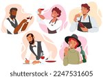 Set of Sommelier or Stewards Wine Degustation. Restaurant Expert Characters Serving Drinks, Provide Wine Service, Menu Certification, International Travel Guild. Cartoon People Vector Illustration
