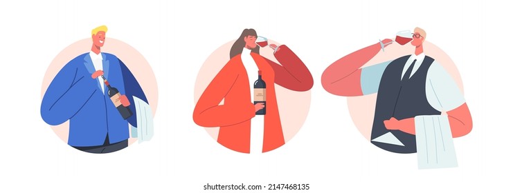 Set of Sommelier or Wine Stewards Isolated Round Icons or Avatars. . Restaurant Expert Characters Drinks Degustation, Menu Certification, International Guild. Cartoon People Vector Illustration