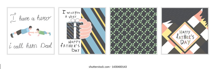 set with son with his father doing an exercise, gift box, line for fathers day design template
