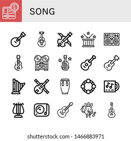 Set of song icons such as Media player, Guitar, Acoustic guitar, Violin, Drum, Turntable, Recorder, Harp, Conga, Tambourine, Lp, Lyra, Singing , song