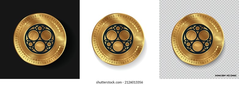 Set of SONM (BEP-20) SNM crypto currency logo symbol vector isolated on white, dark and transparent background. Can be used as golden coin sticker, icon, label, badge, print design and emblem