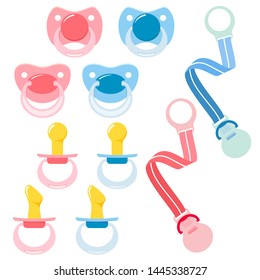 Set soother pacifier icons for newborn babies. Seth for a girl and a boy with a pacifier attachment. Vector isolates on a white background.
