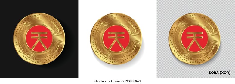 Conjunto de símbolos de la moneda criptográfica Sora XOR aislado en fondo blanco, oscuro y transparente. Puede utilizarse como pegatina de moneda dorada, icono, etiqueta, placa, diseño de impresión y emblema