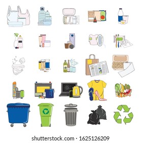 Set of sorted garbage icons. Recycle trash bins. Waste management. Sorting garbage. Organic, metal, plastic, paper, glass, e-waste, special, mixed trash. Hand drawn vector illustration.