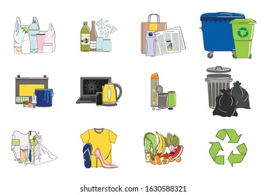 Set of sorted garbage icons. Recycle trash bins. Waste management. Sorting garbage. Organic, metal, plastic, paper, glass, e-waste, special, mixed trash. Hand drawn vector illustration.