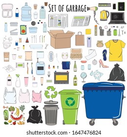 Set of sorted garbage. Recycle trash bins. Waste management. Sorting garbage. Organic, metal, plastic, paper, glass, e-waste, special, mixed trash. Hand drawn vector illustration.