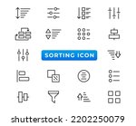 Set of sorting and filtering related linear icons on white background. Templates of data processing, structure order, digital management and other icons for business. Flat cartoon vector illustration