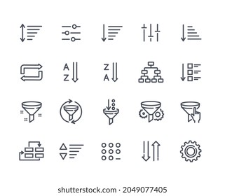 Conjunto de iconos lineales relacionados con la ordenación y filtrado en el fondo blanco. Plantillas de procesamiento de datos, orden de estructura, administración digital y otros iconos para el negocio. Ilustración vectorial de dibujos animados planos