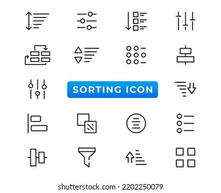 Set of sorting and filtering related linear icons on white background. Templates of data processing, structure order, digital management and other icons for business. Flat cartoon vector illustration - Shutterstock ID 2202250079