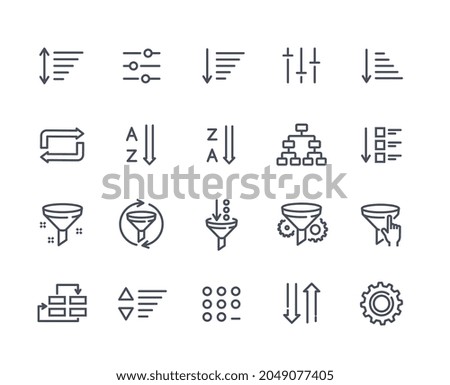 Set of sorting and filtering related linear icons on white background. Templates of data processing, structure order, digital management and other icons for business. Flat cartoon vector illustration