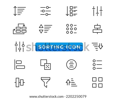 Set of sorting and filtering related linear icons on white background. Templates of data processing, structure order, digital management and other icons for business. Flat cartoon vector illustration Stock foto © 