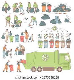 Set sorting and recycling waste. People volunteers clean environment from trash. Vector illustration of solving environmental problems.