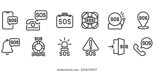 Set of sos related line icons. Set of thin line icons of emergency and rescue services. Emergency, call, alarm, warning etc. SOS vector illustration in transparent background. Editable stroke.