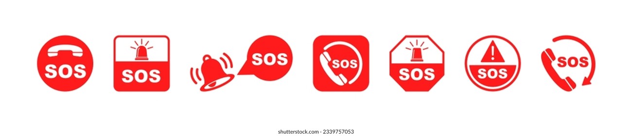 Set of sos vector icons. Emergency help red signs. Ambulance, alarm, alert or crisis icon. Vector 10 Eps.