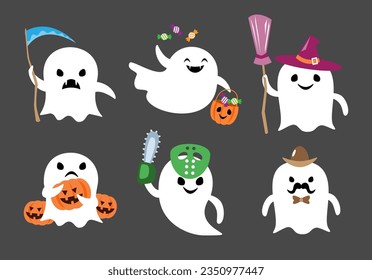 Set of soul ghost with halloween costume . Cartoon characters . Flat design . Vector .