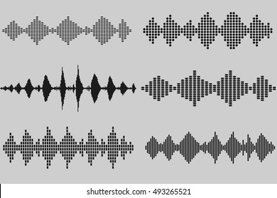 Set of sound and audio music waves in black colors. Prepared templates for equalizer design. Elements from different shapes