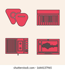 Set Sound or audio recorder on laptop, Guitar pick, Music synthesizer and Music tape player icon. Vector