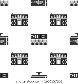 Set Sound or audio recorder on monitor, Music synthesizer and DJ remote for playing and mixing music on seamless pattern. Vector