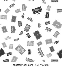 Set Sound or audio recorder on monitor, Music CD player, Guitar amplifier and Music synthesizer on seamless pattern. Vector