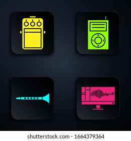 Set Sound or audio recorder on monitor, Guitar pedal, Clarinet and Music MP3 player. Black square button. Vector