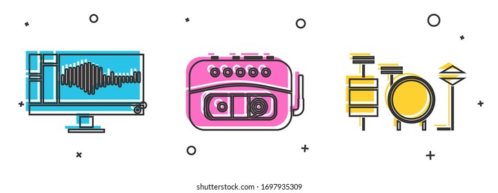 Set Sound or audio recorder on monitor, Music tape player and Drums icon. Vector