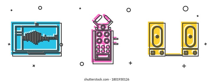 Set Sound or audio recorder on laptop, Microphone and Stereo speaker icon. Vector