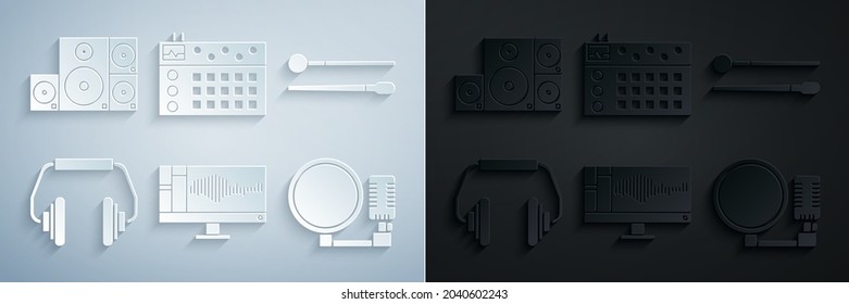 Set Sound or audio recorder on monitor, Drum sticks, Headphones, Microphone, machine and Stereo speaker icon. Vector