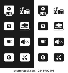 Set Sound or audio recorder, Stop media button, Live stream, Cinema camera, Play video, Speaker mute, Music editing and Record icon. Vector