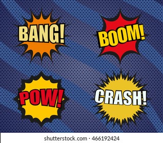 Set of sound comic bubbles in pop-art style. Cartoon illustration. Expressions bang, boom, pow, crash. Modern dotted background with wavy lines