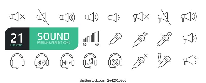 Set Of Sound Icons. Contains such icons as Sound Volume Process, Headset, Audio Wave, Headphone,  Soundbeat, Speaker, and more.