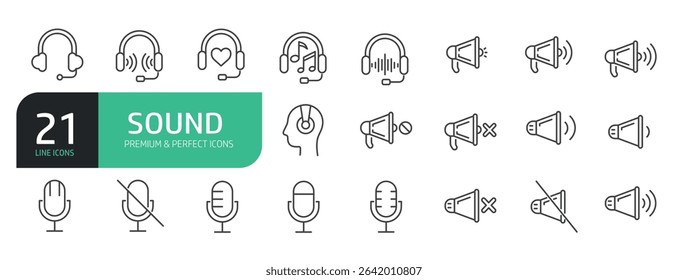 Set Of Sound Icons. Contains such icons as Sound Volume Process, Headset, Audio Wave, Headphone,  Soundbeat, Speaker, and more.