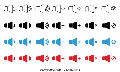 A set of sound icons with different signal levels in a flat style. Icon showing the mute isolated on white background