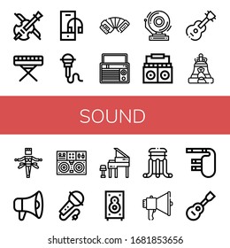 Set of sound icons. Such as Violin, Piano, Headphone, Microphone, Accordion, Radio, School bell, Guitar, Bell, Samba, Megaphone, Turntable, Karaoke, Grand piano , sound icons