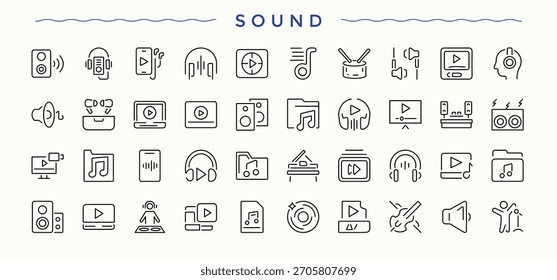 Set of Sound line icon. Includes symbols for audio, speak, speaker, voice, audio and more. Minimal icons collection. Media vector line icon set. Editable vector stroke.