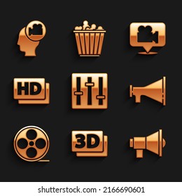 Set Sound mixer controller, 3D word, Megaphone, Film reel, Hd movie, tape, frame, Camera and location and Head with camera icon. Vector