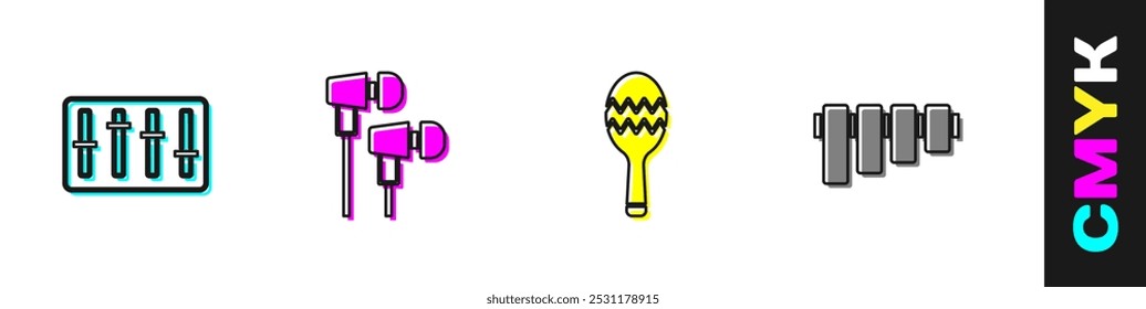 Set Sound mixer controller, Air headphones, Maracas and Pan flute icon. Vector