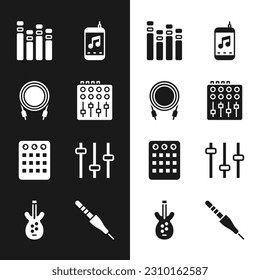 Set Sound mixer controller, Audio jack, Music equalizer, player, Drum machine,  and Electric bass guitar icon. Vector