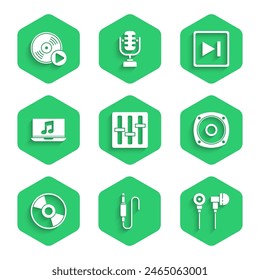 Set Sound mixer controller, Audio jack, Air headphones, Stereo speaker, CD or DVD disk, Laptop with music note, Fast forward and Vinyl icon. Vector