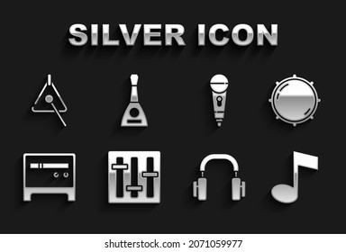 Set Sound mixer controller, Dial knob level, Music note, tone, Headphones, Guitar amplifier, Microphone, Triangle and Balalaika icon. Vector