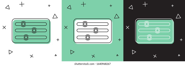 Set Sound mixer controller icon isolated on white and green, black background. Dj equipment slider buttons. Mixing console.  Vector Illustration