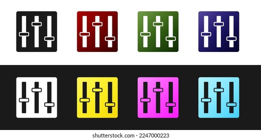 Set Sound mixer controller icon isolated on black and white background. Dj equipment slider buttons. Mixing console.  Vector