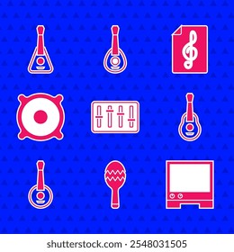 Set Controlador mezclador de sonido, Maracas, Asistente de voz, Guitarra, Banjo, Altavoz estéreo, Clave de agudos e icono. Vector